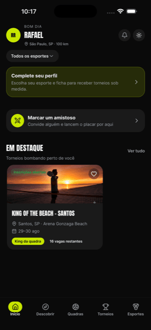Tela inicial do aplicativo JogaAí com torneios perto do usuário