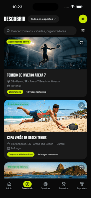Tela de busca de torneios do aplicativo JogaAí