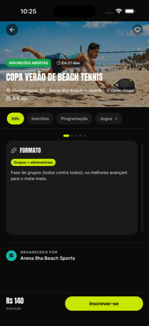 Página de um torneio no aplicativo JogaAí