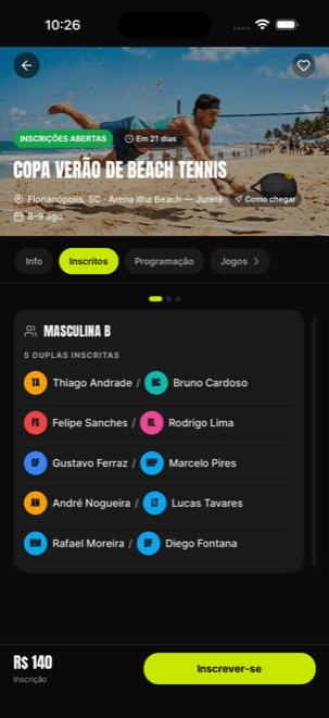 Tela de inscritos de um torneio no aplicativo JogaAí